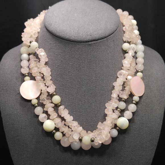 Rose Quartz Gemstone Beaded Necklace Silver Plated Clasp 1960s Vintage - Picture 1 of 10